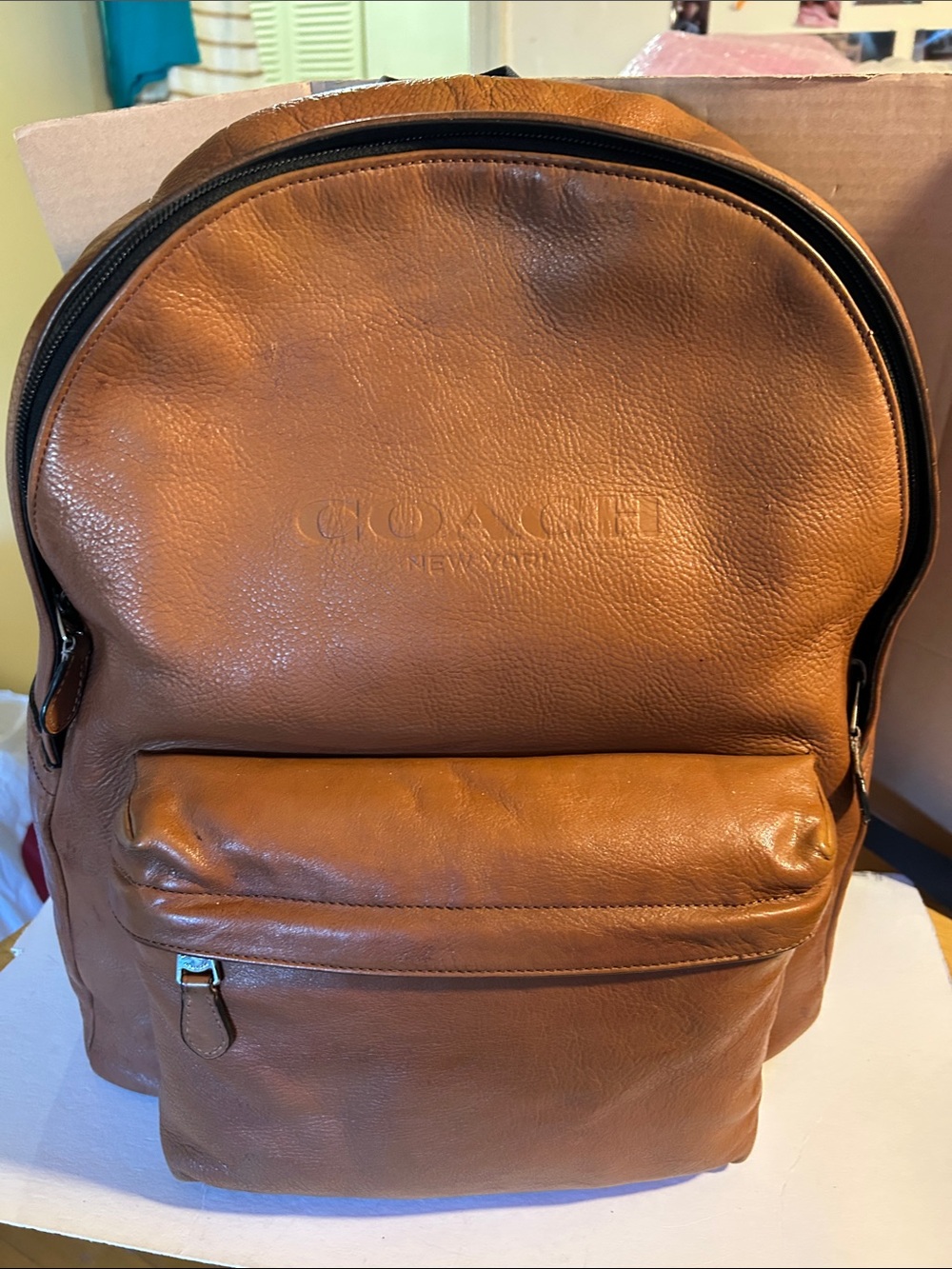 Coach Men's Tan Leather Backpack with Front Zip Pocket